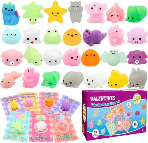 SURCVIO Paquete de 28 tarjetas de regalo para el día de San Valentín para niños con juguete blando de animales, recuerdo de fiesta de San Valentín,