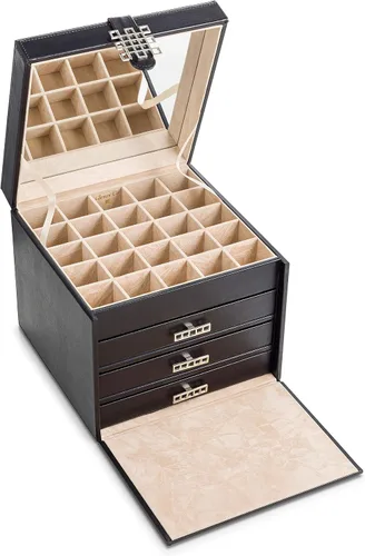 Miniatura 3 de Glenor Co Soporte organizador de aretes, 75 ranuras pequeñas y 4 grandes, caja de joyería clásica con cajón y cierre moderno, espejo, 4 bandejas