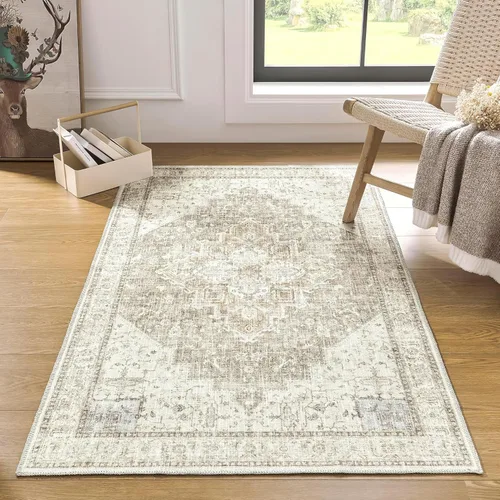 Miniatura 27 de Alfombra de área pequeña de 2x3 pies, antideslizante, neutra, persa lavable estilo casa de campo para entrada, para interiores, color beige tostado