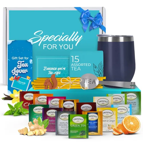 Juego de regalo de té para mujeres y hombres – Elegante juego de té para mujer con 15 tés únicos, vaso de acero inoxidable y 10 pajitas de miel en