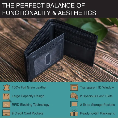 Miniatura 4 de NKPT Billetera plegable de cuero RFID premium para hombre Cuero de grano completo, protección RFID, Negro -, Minimalista