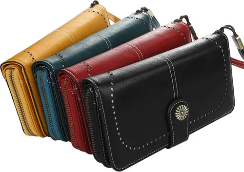 Miniatura 3 de Cartera de cuero para mujer, con bloqueo RFID, de gran capacidad, para tarjetas, cartera larga con muñeca