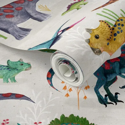 Miniatura 2 de Muestras de papel tapiz para despegar y pegar, dinosaurios, brillantes, grandes, verdes, para niños, rayas grises, dibujado a mano, dinosaurios