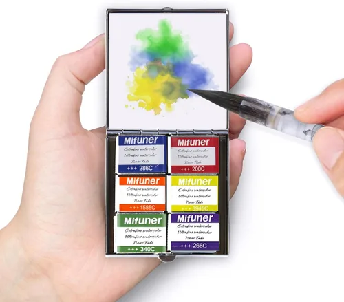Miniatura 18 de Mini Juego de Caja de Lata de Viaje de Pintura de Acuarela de Artista Portátil Hecha a Mano con 6 Medias Bandejas Sólidas con Purpurina Nacarada