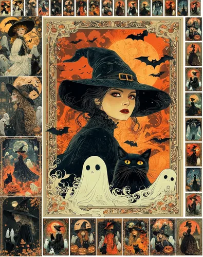 Decoupage - Paquete de papel (35 hojas de 6 x 8 pulgadas), elegante hechicería de Halloween, brujas elegantes, gatos negros y fantasmas juguetones