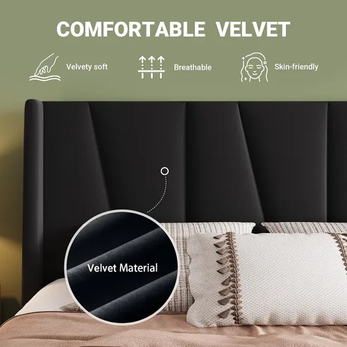 Miniatura 5 de Allewie Marco de Cama de Plataforma de Terciopelo Tamaño Queen con Cabecera Wingback Geométrica, Cama Tapizada Boho con Soporte de Listones de Negro