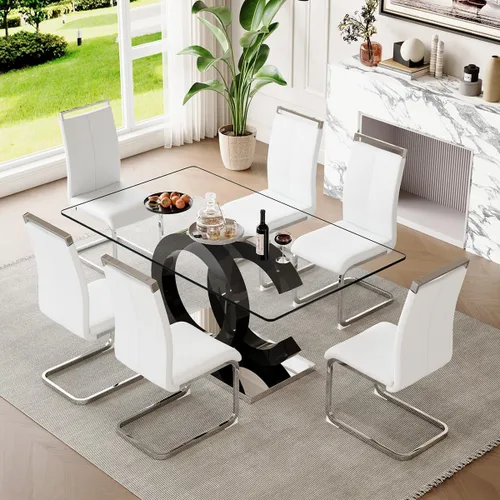 Miniatura 60 de gopop Mesa de comedor de cristal de 63 pulgadas, mesa de cocina moderna, mesa de comedor de vidrio transparente con patas de diseño único negro