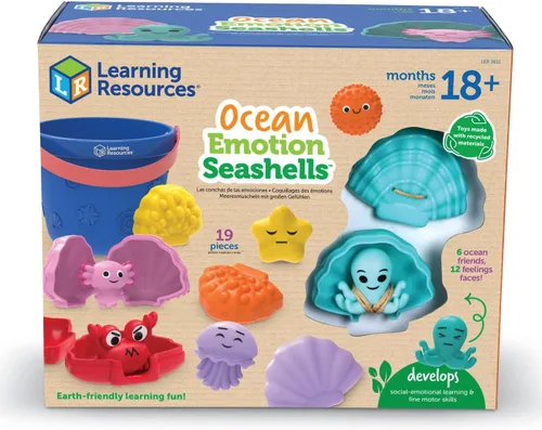 Learning Resources Ocean Emotions Seashells, figuras de animales del océano, juego de playa, juguetes de arena, juguetes sensoriales, cubo