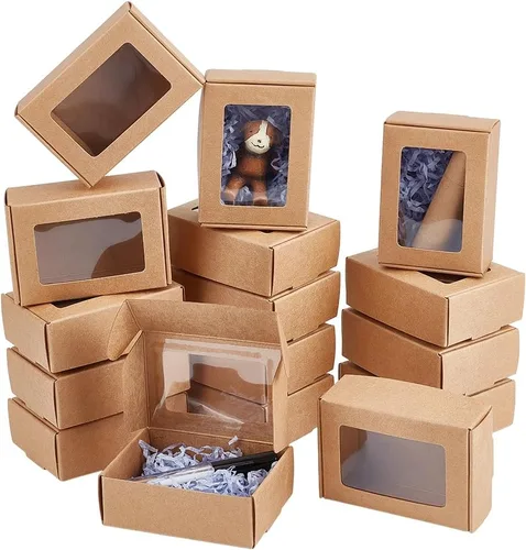 BENECREAT Paquete de 30 cajas rectangulares de papel kraft marrón de 3.3 x 2.3 x 1 pulgadas con ventana transparente para regalos de boda, fiesta,