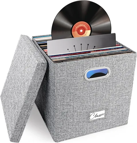 Miniatura 10 de Juego de 2 cajas de almacenamiento de discos de vinilo, para más de 100 LPs individuales (12 pulgadas), caja apilable de lino con tapa, soporte