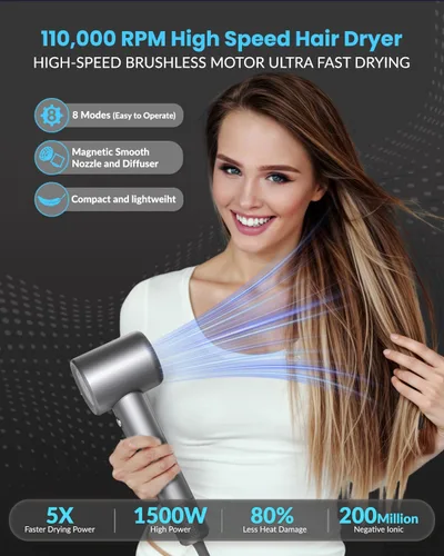 Miniatura 2 de Secador de pelo, 110000 RPM profesional con motor sin escobillas para secado rápido, secador de pelo compacto silencioso con difusor magnético