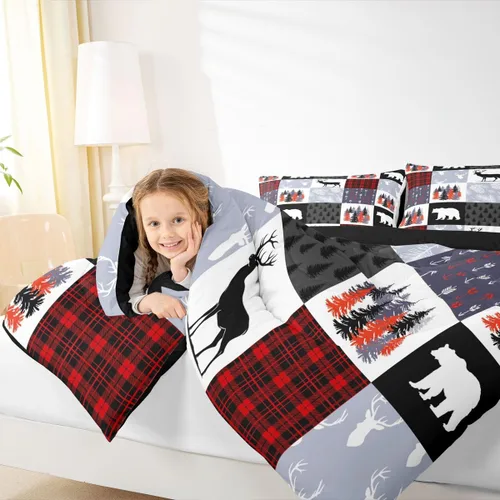Miniatura 6 de Juego de Funda de Edredón para Adolescentes con Motivo de Caza de Alces y Venados, Juego de Ropa de Cama Navideño con Árboles y Enredaderas de Osos