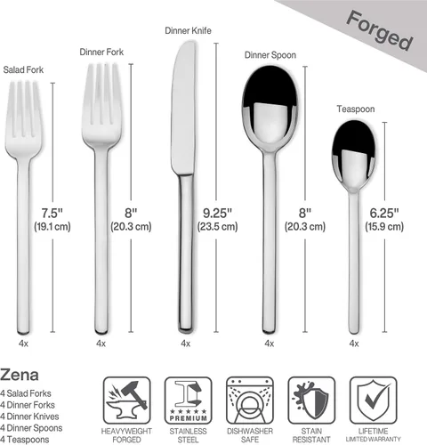 Miniatura 2 de Mikasa Zena - Juego de cubiertos de acero inoxidable 18/0 de 20 piezas, con tenedores de cena, tenedores de ensalada, cuchillos, cucharas