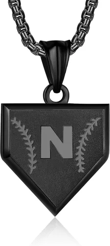 Miniatura 60 de Collar con inicial de la A a la Z para niños, de acero inoxidable, con dije de escudo de letra, cadena de 22 + 2 pulgadas, inspirador de béisbol
