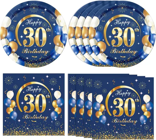 Miniatura 13 de 40 piezas de decoración para el 70 cumpleaños de hombres, azul marino y dorado, decoración de fiesta de cumpleaños feliz, incluye platos