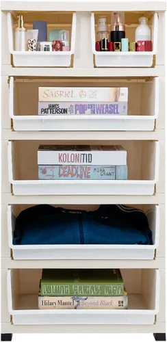 Miniatura 9 de Cómoda de plástico con 6 cajones con llaves, organizador de ropa para dormitorio, armario de almacenamiento de 5 capas con ruedas