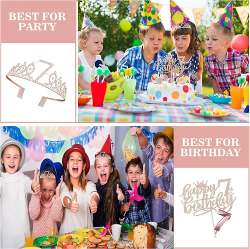 Miniatura 6 de Decoraciones de 7º cumpleaños para niña con banda y tiara, vela numérica y adorno para pastel, suministros de fiesta de oro rosa para niñas de 7 años