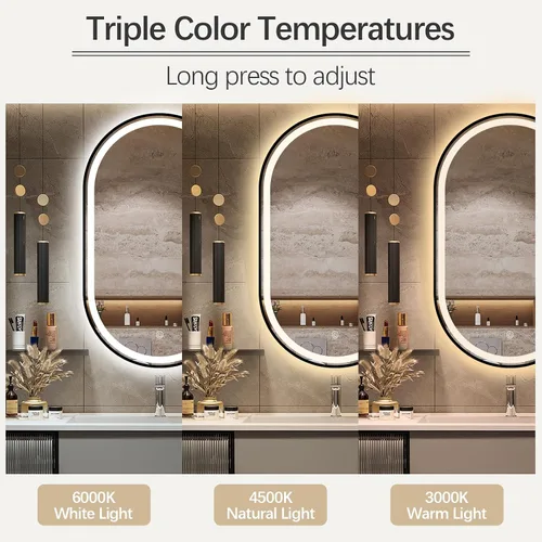 Miniatura 7 de Espejo de baño LED ovalado, espejo retroiluminado de 36 x 24 pulgadas con luz para pared con marco negro, antivaho, regulable, frontal, 3