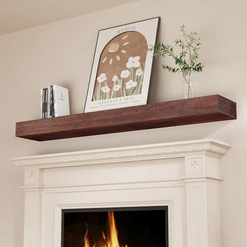 SAUMONIERES Estantes para chimenea de madera maciza de 48 pulgadas, para montar en la pared, estantes flotantes largos, huecos, color marrón