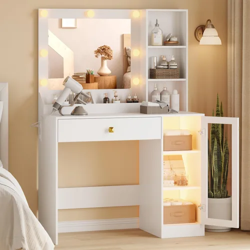 Miniatura 8 de Mesa de tocador con espejo y luces, pequeña mesa de maquillaje con gabinete de almacenamiento RGB y regletas de alimentación y estantes, 3 modos