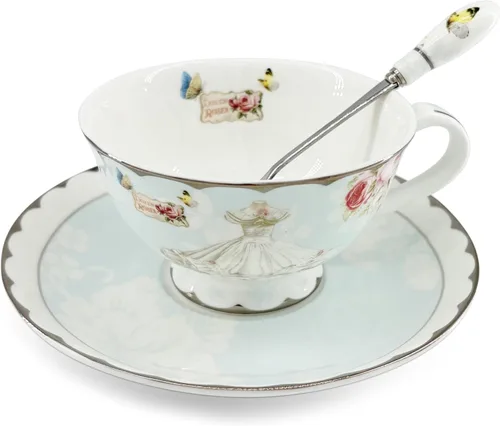 Miniatura 10 de Juego de taza de té y taza de café vintage Royal Bone China con platillo y cuchara, elegante taza de té de cerámica a rayas para té de la tarde
