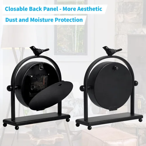 Miniatura 4 de Reloj de mesa silencioso a pilas de metal negro analógico con pájaro, pequeño reloj de mesa para decoración de granja, estante de chimenea, hogar