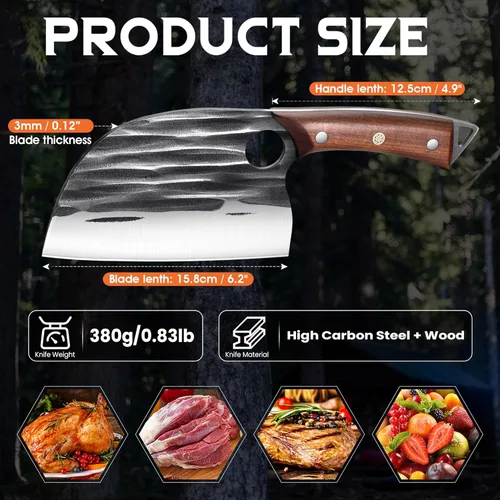 Miniatura 6 de ROCOCO Cuchillo de Chef Serbio Cuchillo Carnicero Cuchilla con Funda para Cocina Exterior BBQ Camping Regalo de Cumpleaños Padre Madre Navidad