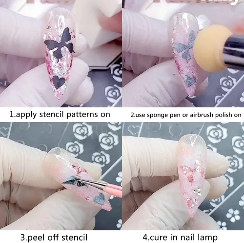 Miniatura 6 de 6 hojas de plantillas de aerógrafo, calcomanías de uñas para arte de uñas, autoadhesivas, estrellas, mariposa, punta francesa, corazón, calcomanías