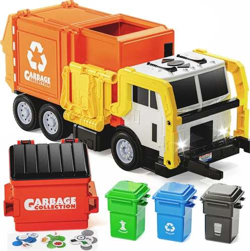 Miniatura 8 de JOYIN Juego de juguetes de camión de basura de fricción grande, incluye 1 contenedor, 3 cubos de basura y 30 tarjetas de aprendizaje para niños, Azul