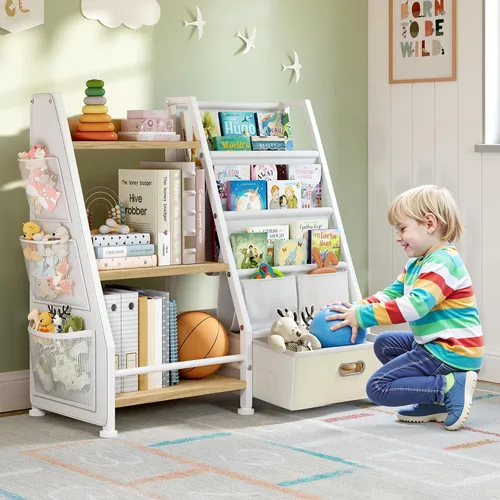 Miniatura 6 de Estantería infantil y organizador de almacenamiento de juguetes: estante para libros para habitación de niños con cajón para almacenar libros