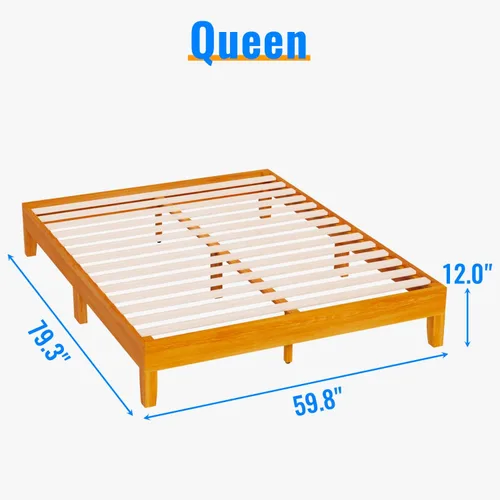 Miniatura 2 de PayLessHere Marco de cama de madera con plataforma tamaño Queen, sin cabecero, no necesita somier, listones de madera, soporte sin ruido, fácil