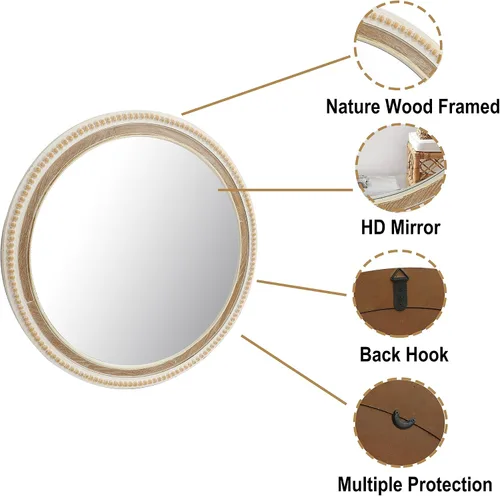 Miniatura 6 de Espejo de pared redondo de 24 pulgadas, espejo bohemio con cuentas de madera blanca envejecida, espejo decorativo de granja para dormitorio, sala