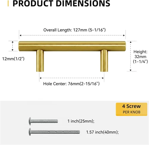 Miniatura 2 de Goldenwarm - Paquete de 25 manijas doradas de 3 pulgadas para gabinetes, tiradores cepillados dorados para cajones de latón, manijas doradas