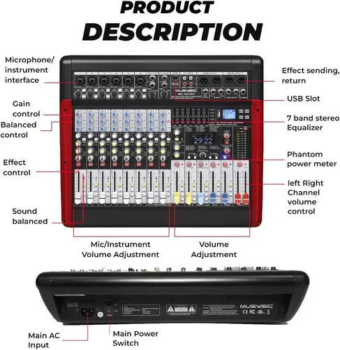 Miniatura 3 de MUSYSIC Tablero mezclador de audio profesional de 10 canales con efectos DSP duales de 24 bits, interfaz USB, grabadora Bluetooth/MP3 y ecualizador