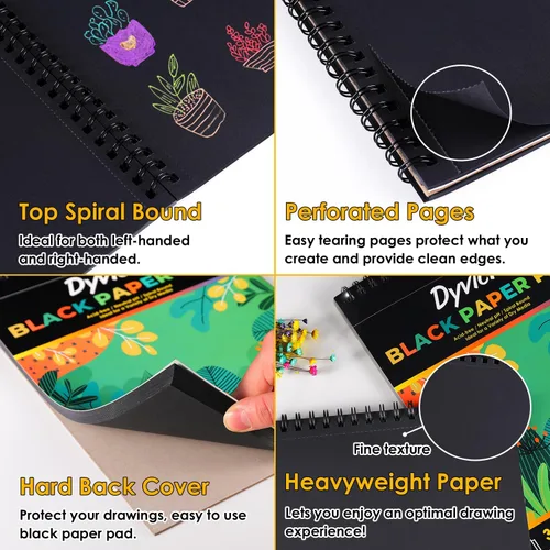 Miniatura 4 de Dyvicl Cuaderno de bocetos profesional de papel negro de 5.5 x 8.5 pulgadas, 35 hojas de papel de dibujo pesado de 150 GSM para bolígrafos de gel