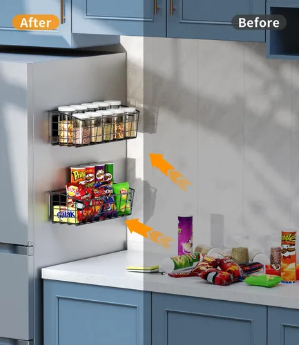 Miniatura 2 de Estante magnético para refrigerador, paquete de 2, estante magnético fuerte para especias con ganchos extraíbles para almacenamiento de cocina