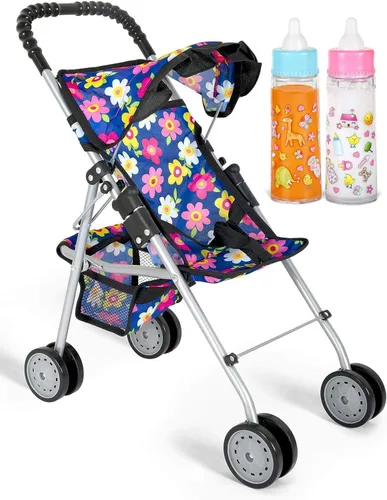 Miniatura 3 de Cochecito de muñeca de bebé con diseño de flores y juego de alimentación que desaparece