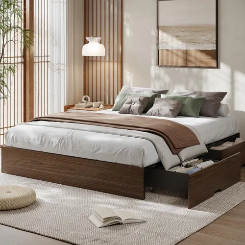 Miniatura 15 de GarveeHome - Marco de cama de plataforma de madera tamaño matrimonial, marco de cama de madera sin cabecero, soporte de listones de madera,