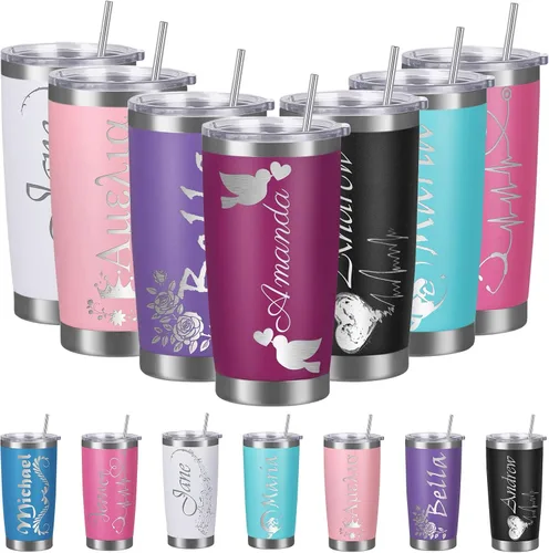 Miniatura 12 de Vasos personalizados con tapa y pajita, vaso aislado personalizado grabado con nombre, vaso de café de acero inoxidable, regalos para hombres y Negro