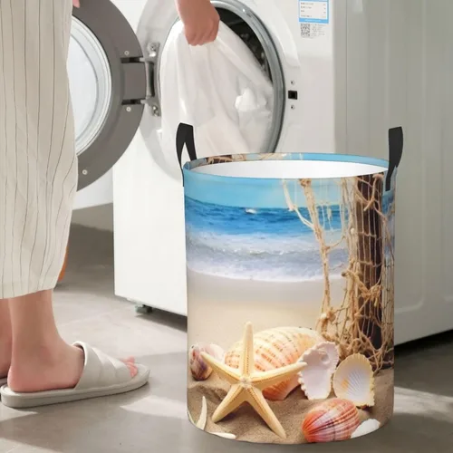 Miniatura 7 de Cesta circular impermeable con estampado de estrellas de mar y conchas marinas, cesta organizadora de ropa sucia con asas para ropa, juguetes