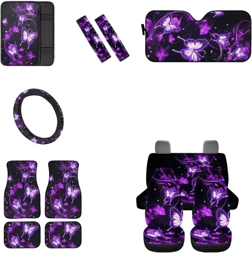 Miniatura 10 de Juego de 13 piezas de accesorios de automóvil de calavera con rosa roja, incluye fundas de asiento delantero y trasero, parabrisas de automóvil