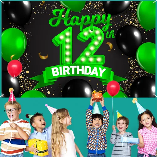 Miniatura 6 de Cartel de feliz cumpleaños número 12, color verde y negro, telón de fondo con texto en inglés "Cheers to 12 years old confeti", globos de confeti