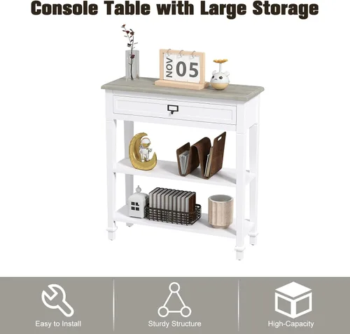 Miniatura 7 de kinbor Accent - Mesa consola blanca con cajón y estante, mesa de sofá de madera con almacenamiento para entrada, pasillo, sala de estar
