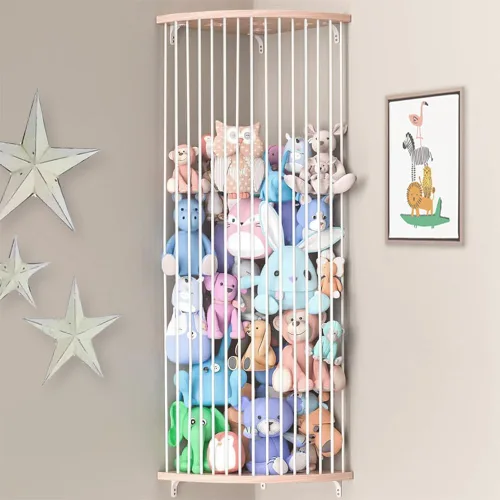 Almacenamiento de animales de peluche, almacenamiento de peluche de esquina de madera, estante organizador de juguetes para guardería, sala de