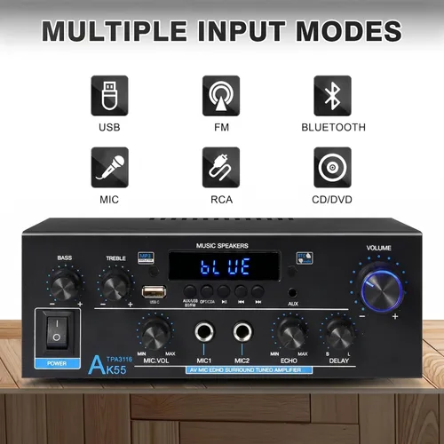 Miniatura 4 de WOOPKER AK55 Amplificador de audio estéreo con Bluetooth 5.0,450W Max Home 2.0 Canal Amplificador estéreo de potencia Sistema receptor para Karaoke