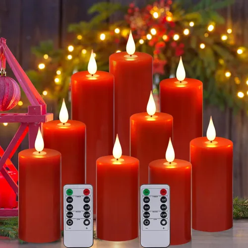 Nancia - Velas sin llama, funcionan con pilas, parpadean, cera realista, pilar LED, mando a distancia, 9 unidades, color rojo, control remoto de 10