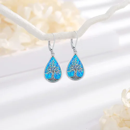 Miniatura 286 de Aretes colgantes de plata de ley con diseño de árbol de la vida, flor, abeja, animales, gato, colibrí, piedra lunar, turquesa, aretes con cierre