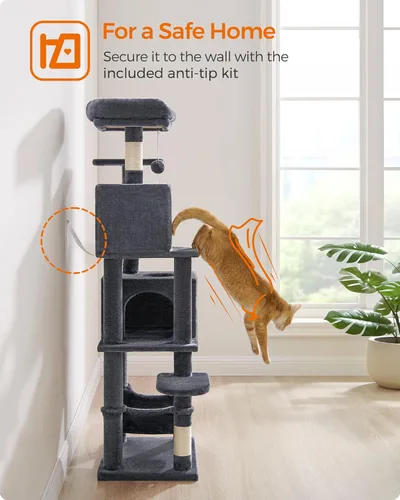 Miniatura 8 de Feandrea - Árbol para gatos de varios niveles para interiores, torre para gatos tipo condominio con 4 postes para rascar, 2 posaderos, hamaca y Gris