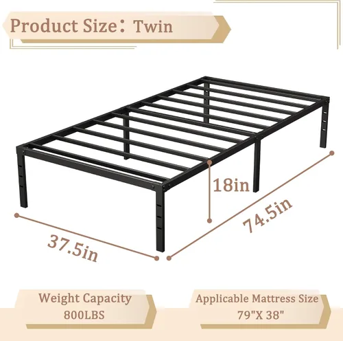Miniatura 2 de Base de cama individual de 18 pulgadas de alto, plataforma resistente con almacenamiento debajo de la cama, marco de cama de metal resistente