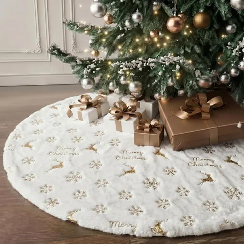 Miniatura 8 de Faldones de Felpa para Árbol de Navidad, 24 pulgadas, Lujosa Cubierta de Base de Árbol de Navidad de Piel Sintética Negra con Copos de Nieve Dorados